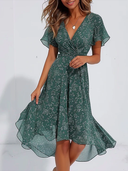 

Women Floral V Neck Short Sleeve Comfy Casual Midi Dress, Green, Dresses