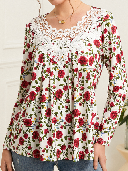 

Floral Lace Crew Neck Spring Casual Blouse, Red, Shirts & Blouses