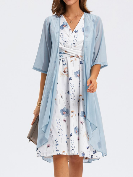 Elegant Loose V Neck Floral Two-Piece Set, White, Suit Set