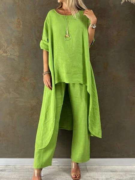 

Plain Cotton And Linen Crew Neck Two-Piece Set, Green, Suit Set