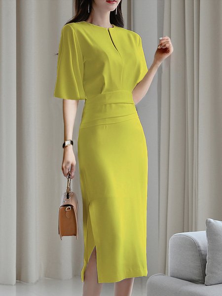 

Half Sleeve V Neck Plain Regular Fit Elegant Dress, Yellow, Midi Dresses