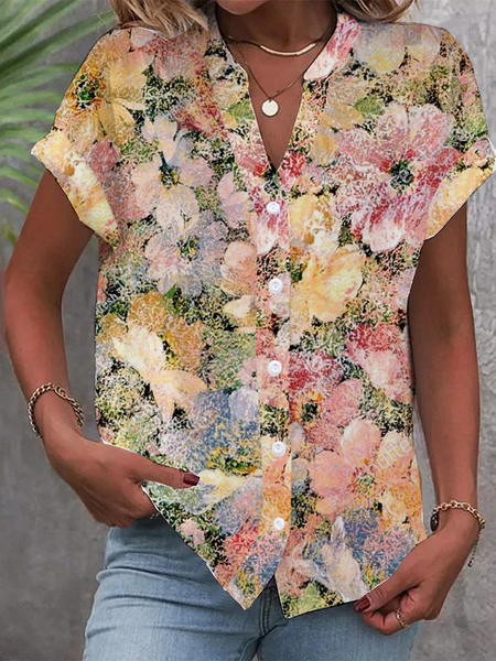 

Notched Short Sleeve Floral Regular Loose Blouse For Women, Multicolor, Blouses