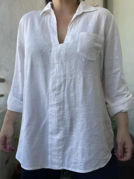 

Cotton Simple Loose V Neck Shirt, White, Blouses & Shirts