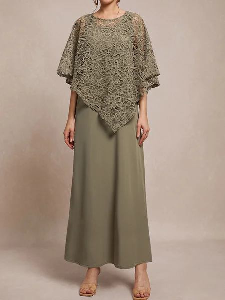 

Lace Crew Neck Asymistic Hem Mother of the Bride 2 PCS Tops with Dresses, Green, Lace Dresses