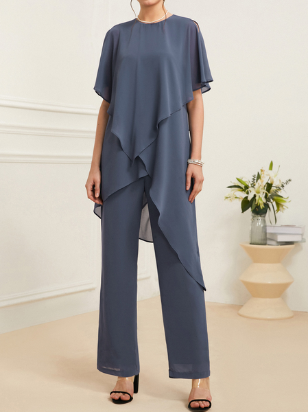 

Chiffon V Neck Loose Elegant Two-Piece Set, Gray, Jumpsuits＆Rompers