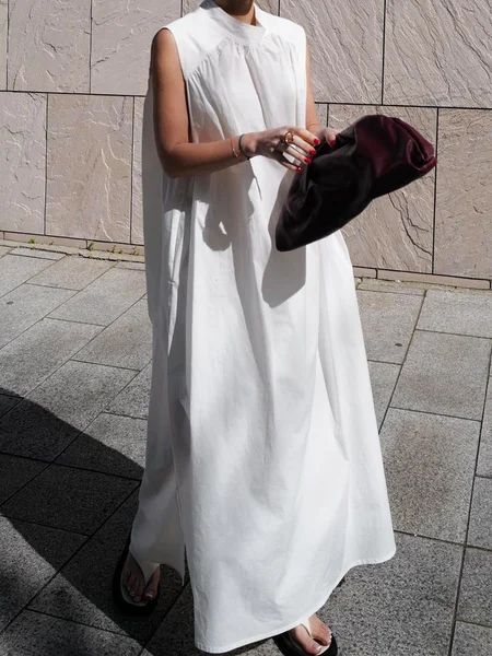 

Daily Loose Plain Stand Collar Urban Sleeveless Dress, White, Maxi Dresses