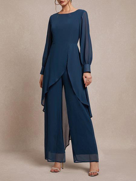 

Loose Elegant Chiffon Crew Neck Jumpsuit, Navy blue, Jumpsuits＆Rompers