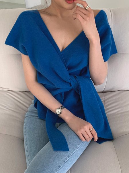

V Neck Urban Regular Fit Shirt, Blue, Blouses and Shirts