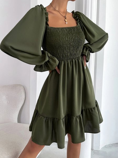 Women Plain Square Neck Short Sleeve Comfy Casual Mini Dress, Army green, Dresses