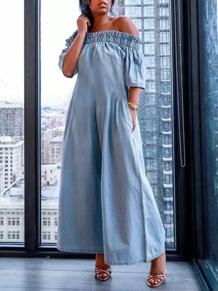 

Casual Cold Shoulder Loose Denim Jumpsuit, Light blue, Jumpsuits