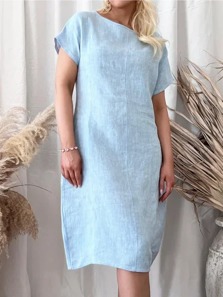 

Cotton Plain Loose Casual Dress With No, Blue, Midi Dresses