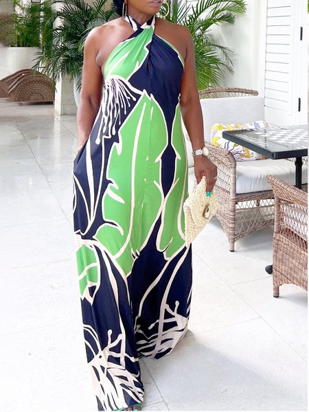 

Maxi Leaf Regular Fit Vacation Halter Dress, Green, Maxi Dresses