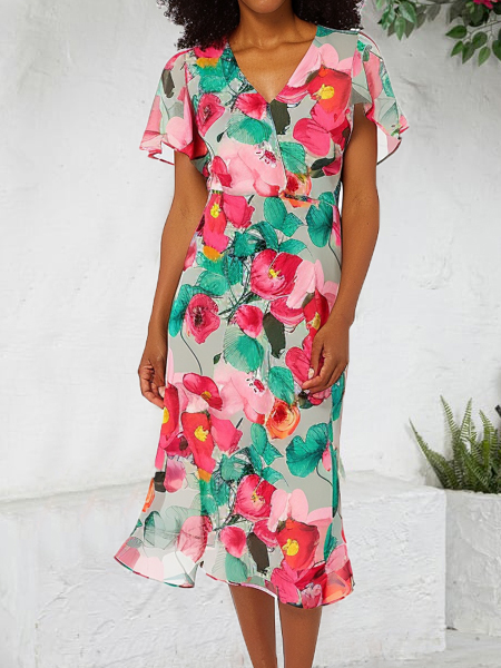 

V Neck Chiffon Vacation Floral Dress With No, Multicolor, Dresses
