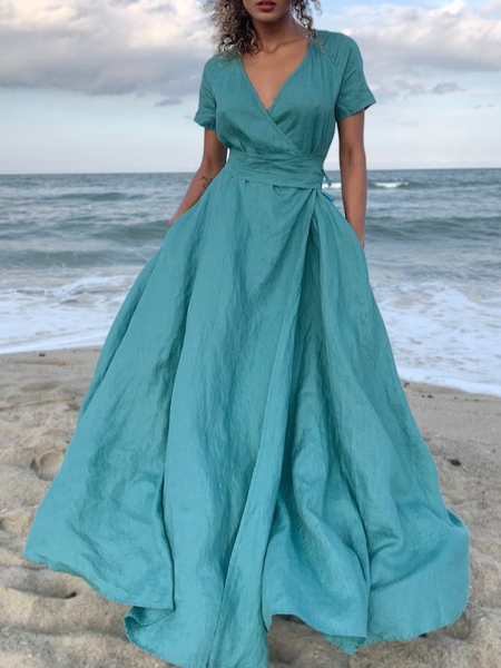 

Plain Loose Linen Dress With Belt, Blue, Dresses