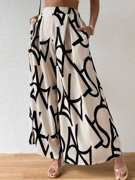 

Abstract Graphic Simple Loose Pants, Beige, Pants