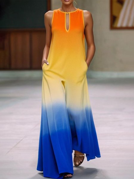 

Gradient Pattern Loose Vacation Sleeveless Jumpsuit, As picture, Jumpsuits