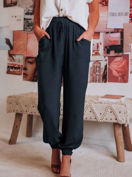 

Loose Plain Casual Pants, Navy blue, Pants