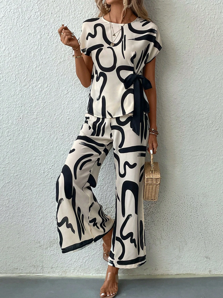 

Simple Abstract Graphic Two-Piece Set, Beige, Suit Set