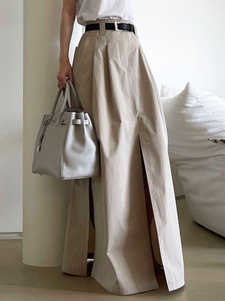 

Plain Urban High Waist Loose Pockets Skirt, Light khaki, Skirts