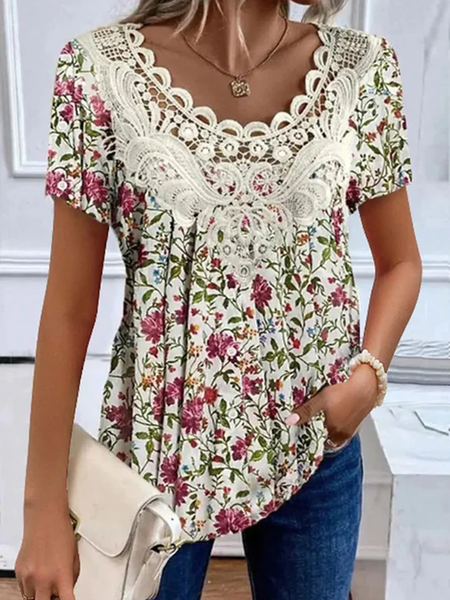 

Casual Floral Crew Neck Short Sleeve T-shirt, Multicolor, T-shirts