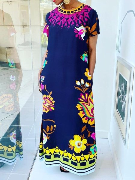 

Vacation Crew Neck Short Sleeve Loose Floral Maxi Dress, As picture, Maxi Dresses
