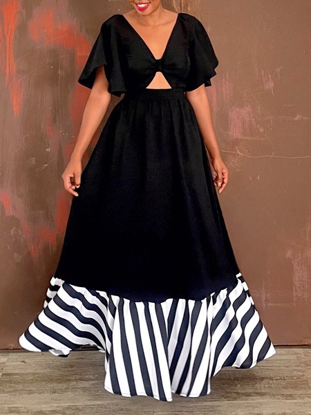 

Striped Vacation V Neck Regular Fit Dress, Black, Maxi Dresses