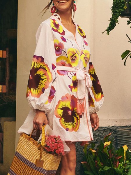 

Loose Urban Floral V Neck Dress With Belt, As picture, Mini Dresses