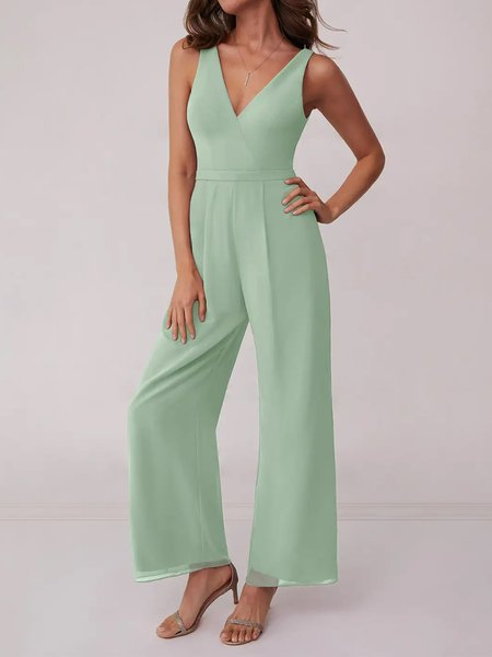 

Simple V Neck Chiffon Loose Jumpsuit, Aqua, Jumpsuits＆Rompers