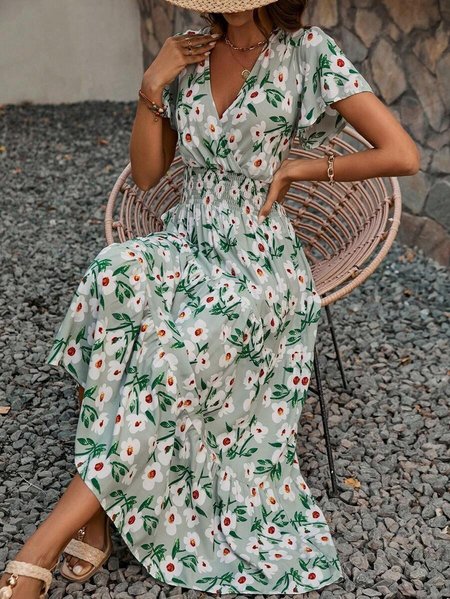 

Floral Cotton-Blend Loose Vacation Dress With No, Green, Dresses