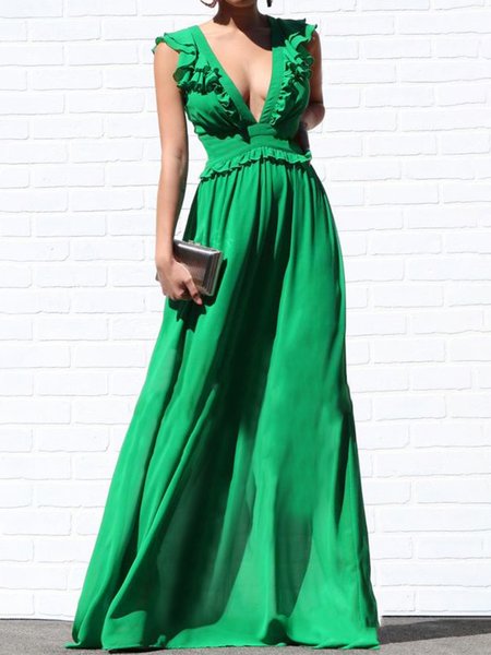 

Plain Flouncing Elegant Regular Fit Dress, Green, Maxi Dresses