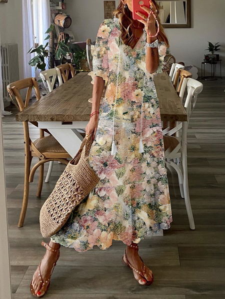 

Women Floral V Neck Long Sleeve Comfy Casual Maxi Dress, Multicolor, Dresses