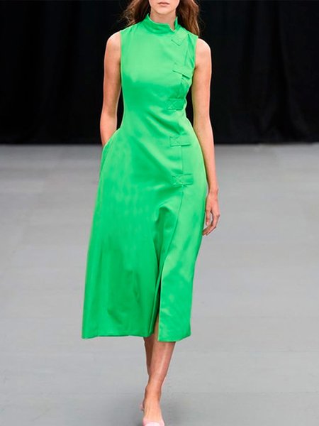 

Plain Hook And Loop Stand Collar Urban Dress, Green, Maxi Dresses