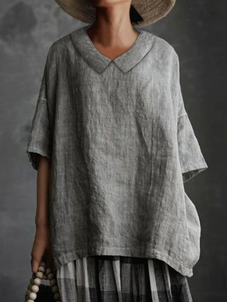 

Plain Cotton Casual V Neck Shirt, Gray, Blouses & Shirts