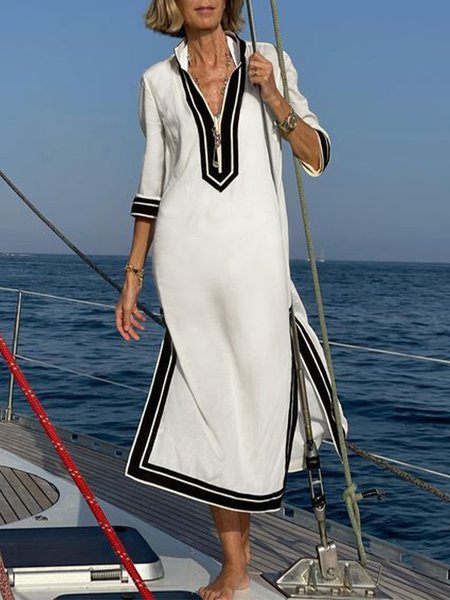 

Casual Stand Collar Color Block Linen Dress, White, Midi Dresses