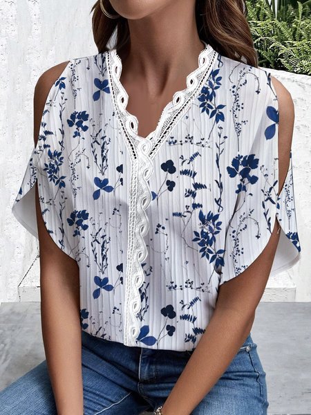 

V Neck Short Sleeve Floral Lace Regular Micro-Elasticity Loose Shirt For Women, Blue, Blouses