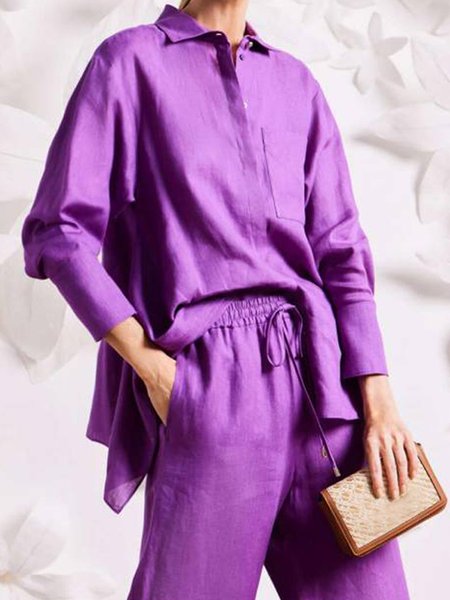 

Daily Shirt Collar Casual Plain Loose Blouse, Purple, Blouses and Shirts