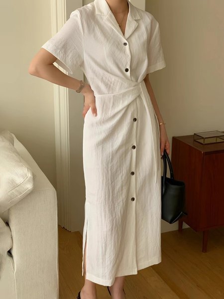 

Daily Short Sleeve Plain Regular Fit Casual Dress, White, Midi Dresses
