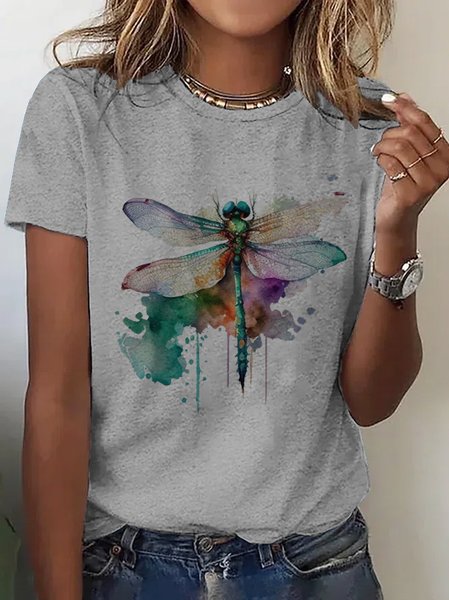 

Casual Crew Neck Cotton Dragonfly T-Shirt, Gray, T-shirts