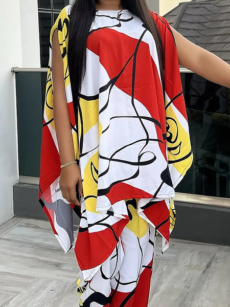 

Crew Neck Cap Sleeve Vacation Loose Mid-long Shirt, As picture, Blouses and Shirts