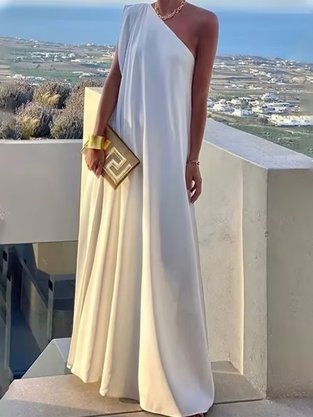 

One Shoulder Plain Vacation Loose Dress, White, Maxi Dresses