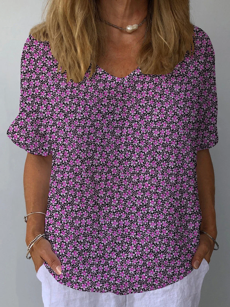 

Crew Neck Vacation Loose Floral Shirt, Purple, Blouses & Shirts