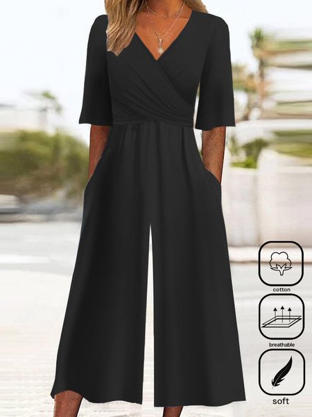 

Women's Plain V Neck Short Sleeve Casual Summer Cotton Jumpsuit, Black, Jumpsuits＆Rompers