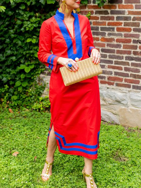 

V Neck Loose Casual Color Block Dress, Red, Maxi Dresses
