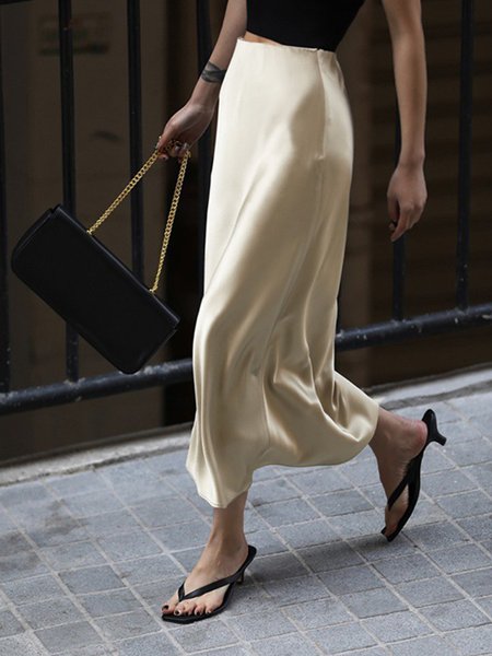 

High Waist Urban Plain Skirt, Apricot, Skirts
