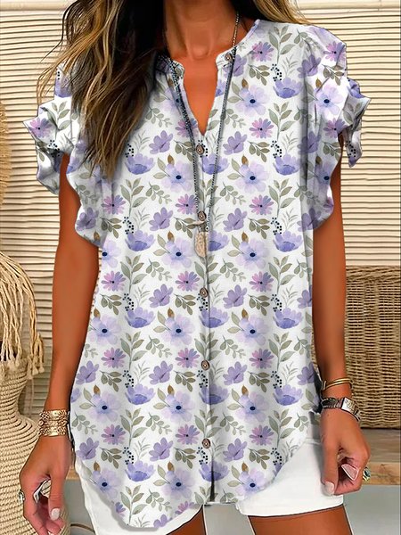 

V Neck Short Sleeve Floral Regular Micro-Elasticity Loose Shirt For Women, Purple, Blouses