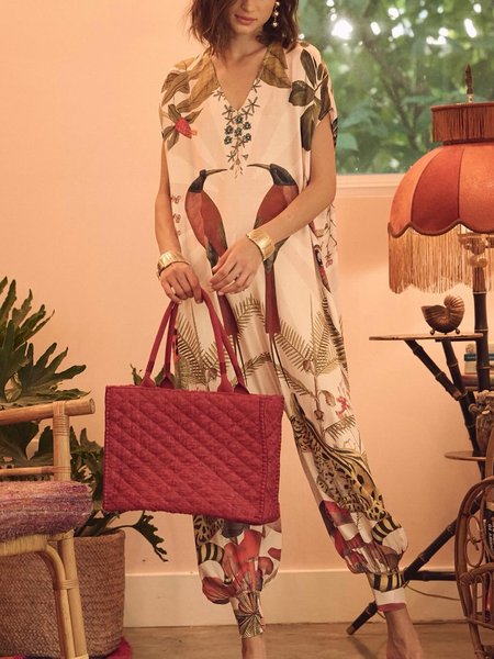 

Loose V Neck Floral Vacation Jumpsuit, As picture, Jumpsuits