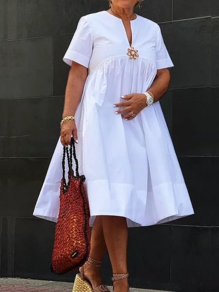 

Vacation Floral Brooch Loose Plain Midi Dress, Red, Midi Dresses