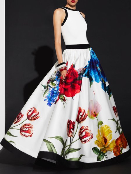 

Elegant Floral Loose Umbrella Skirt, As picture, Skirts
