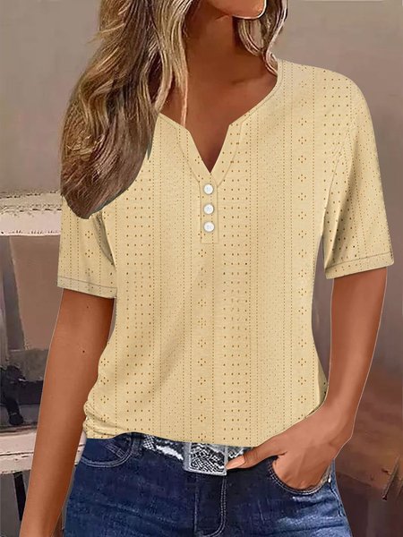 

Women's Short Sleeve Tee/T-shirt Summer Plain Buckle Lace Notched Daily Going Out Casual Top White, Yellow, T-Shirts