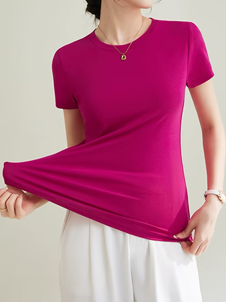 

High Elasticity Crew Neck Short Sleeve Tight Plain Simple T-Shirt, Rose red, Tees
